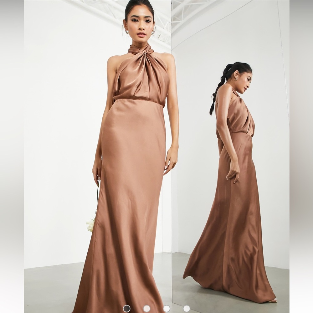 Elegant Golden Tan Satin Evening Gown